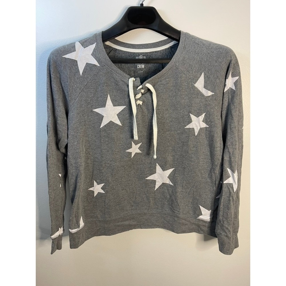 SO Perfect Crew Womens Large Gray Star Print Lace Up Raglan Sweatshirt Fleece
